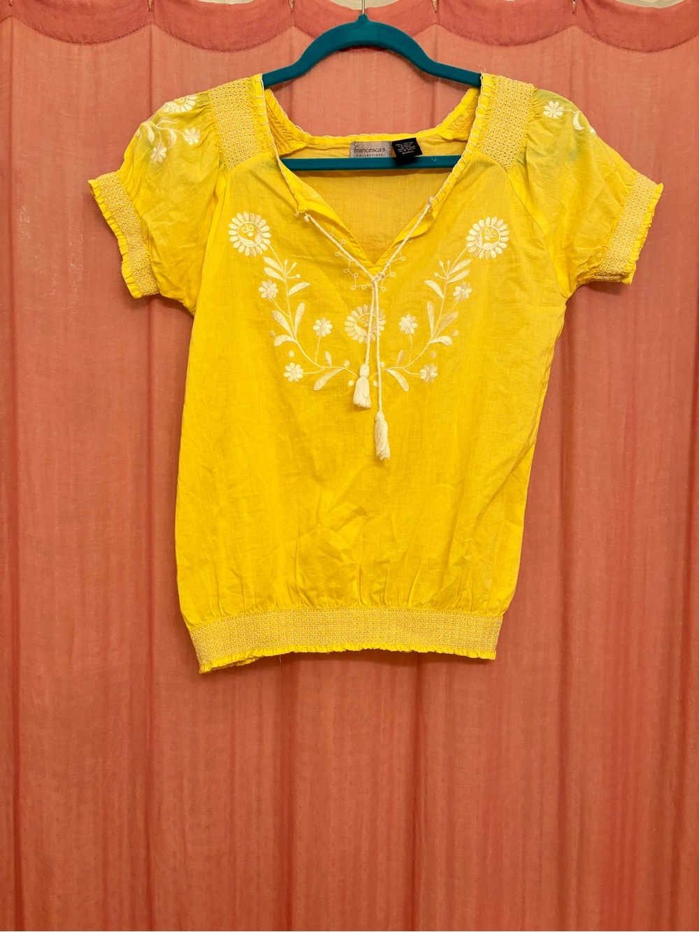 Francesca's Collections Yellow Embroidered V-Neck Peasant Top